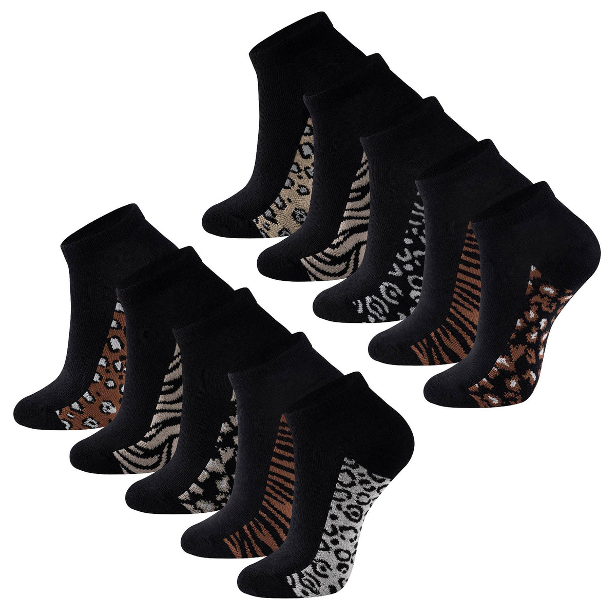 Womens 10 Pack Trainer Liner Socks (Animal - Black)