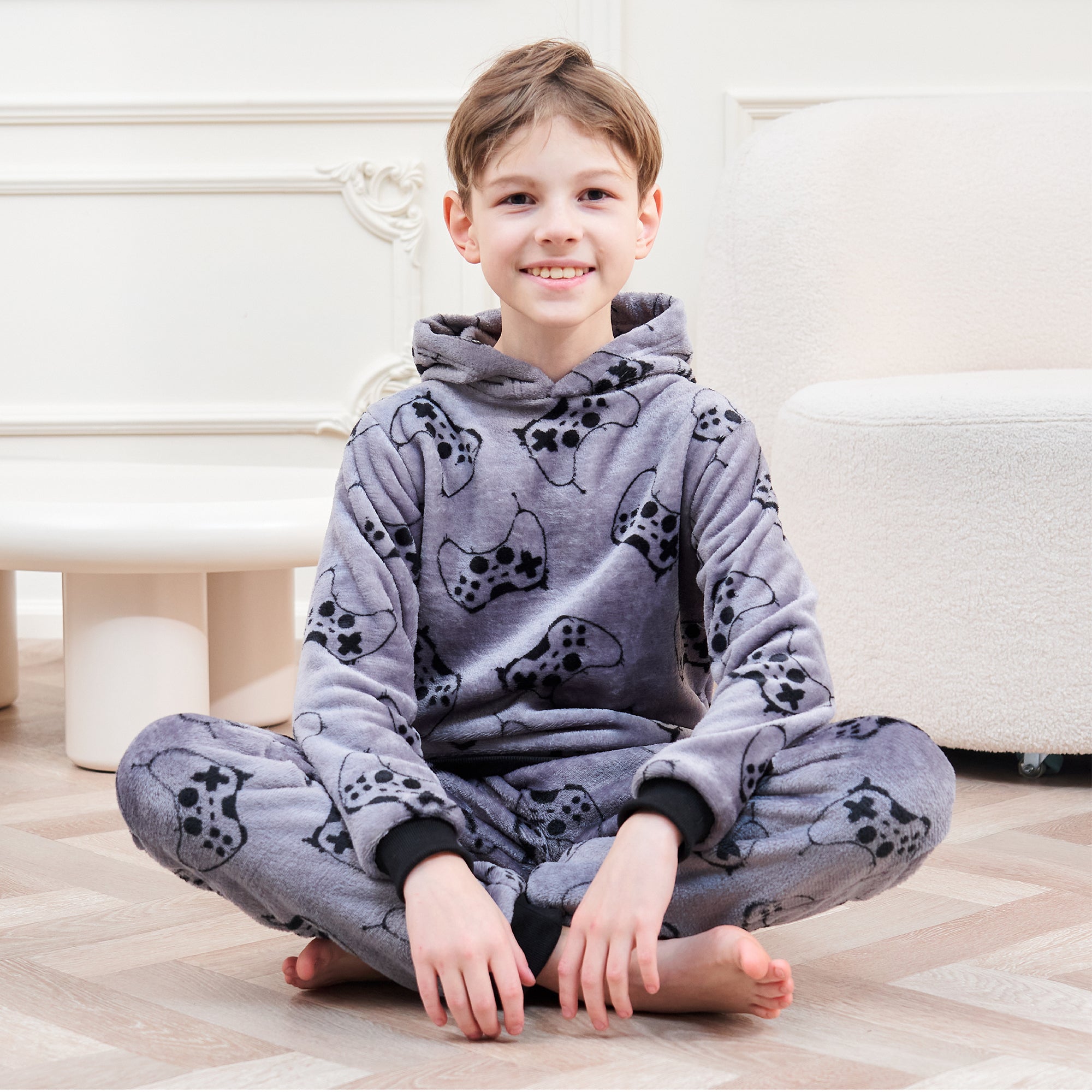 Boys Thick Fleece Pyjamas Game Controller With Hood TheEssentialsWardrobe