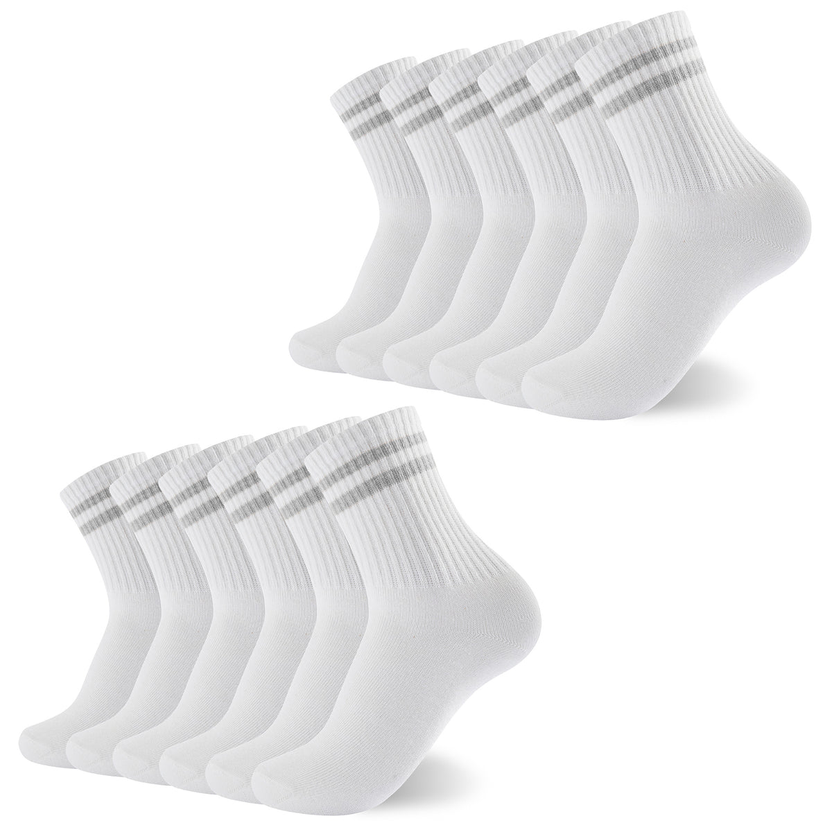 Womens 12 Pack Sports Ankle/Crop Length Socks (White/ Grey Stripes)