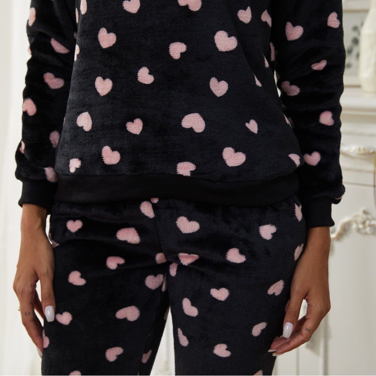 Ladies Supersoft Cosy Black/Pink Hearts Fleece Pyjamas