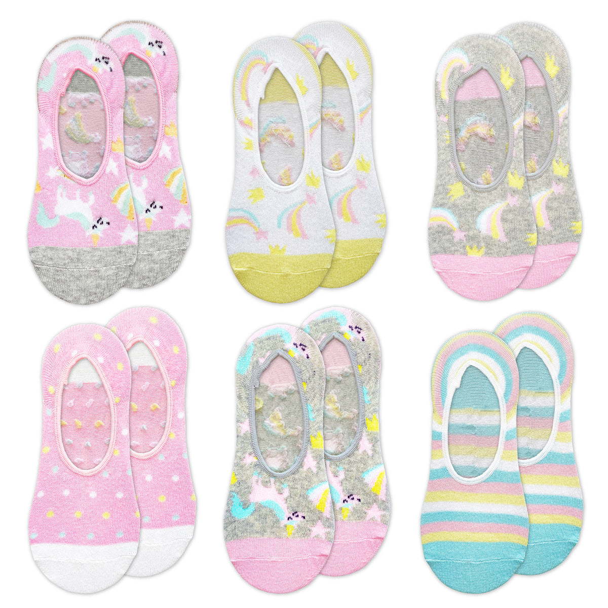 Girls 6 Pack Invisible Liner Socks Princess/Unicorn