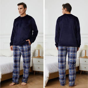 Mens Flannel Fleece Blue Checked Pyjama Set 