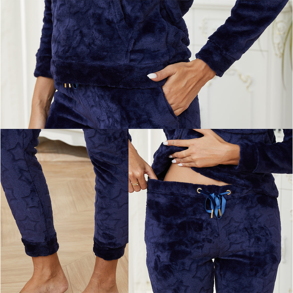 Ladies Supersoft Cosy Navy Star Fleece Pyjamas