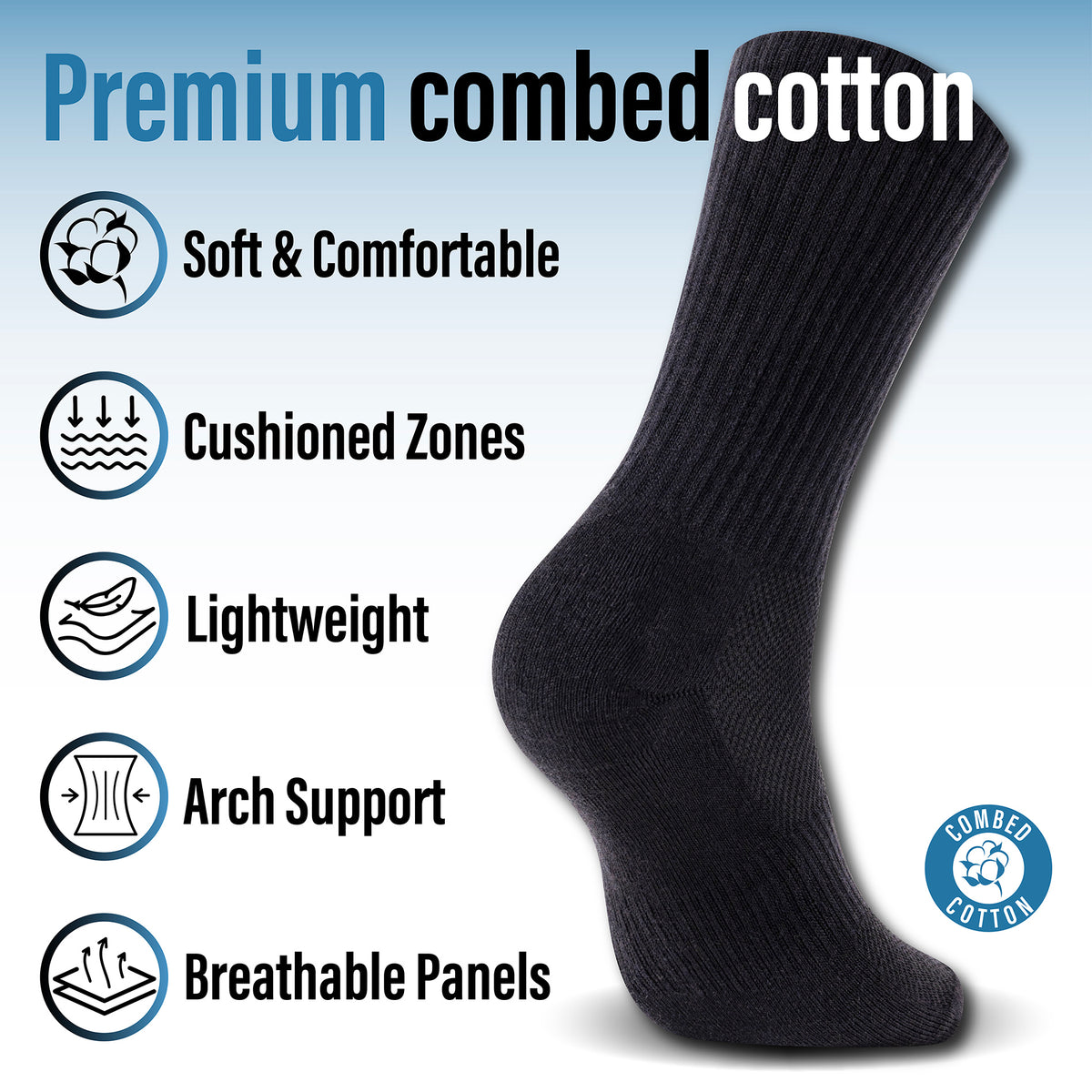 Mens 12 Pack Half Terry Sports Socks (Black)