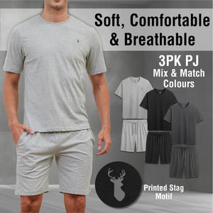 Mens 3PK Cotton Monochrome Shorty Pyjama Set 