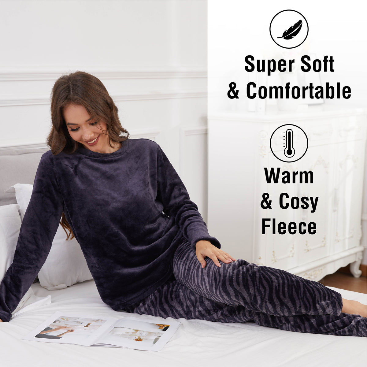 Ladies Zebra Print Flannel Fleece Pyjama Set 