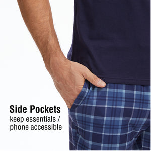 Mens Navy Checked Short Sleeve Long Pyjama Set 