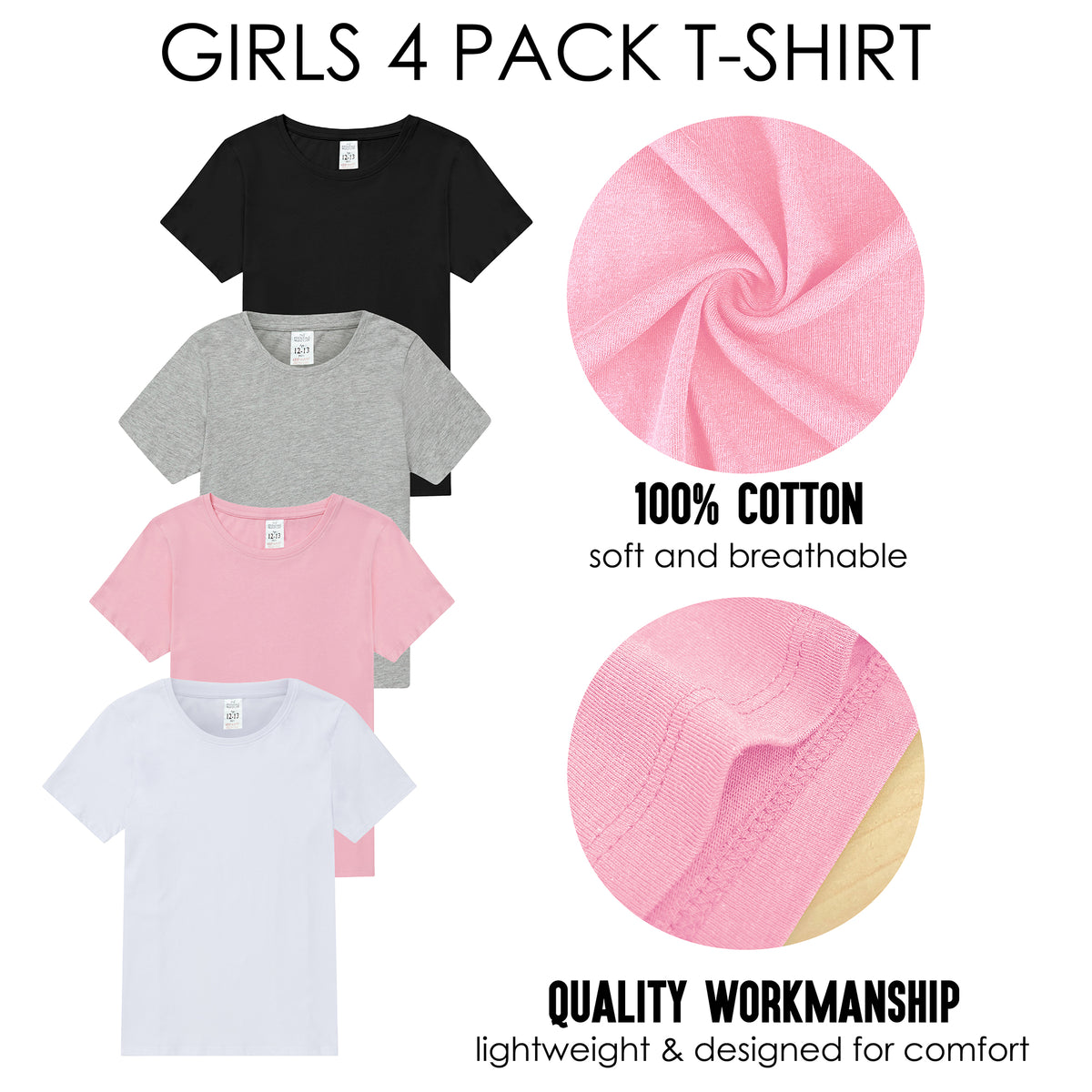 Girls 4 Pack T-Shirt Pink/White - Ages 8-13