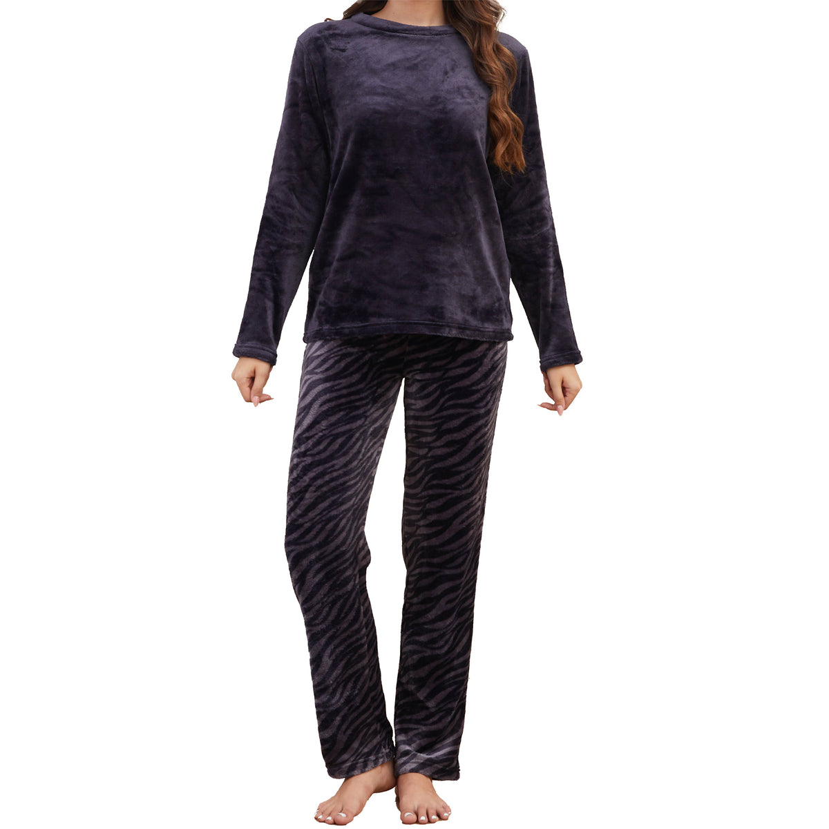 Ladies Zebra Print Flannel Fleece Pyjama Set 