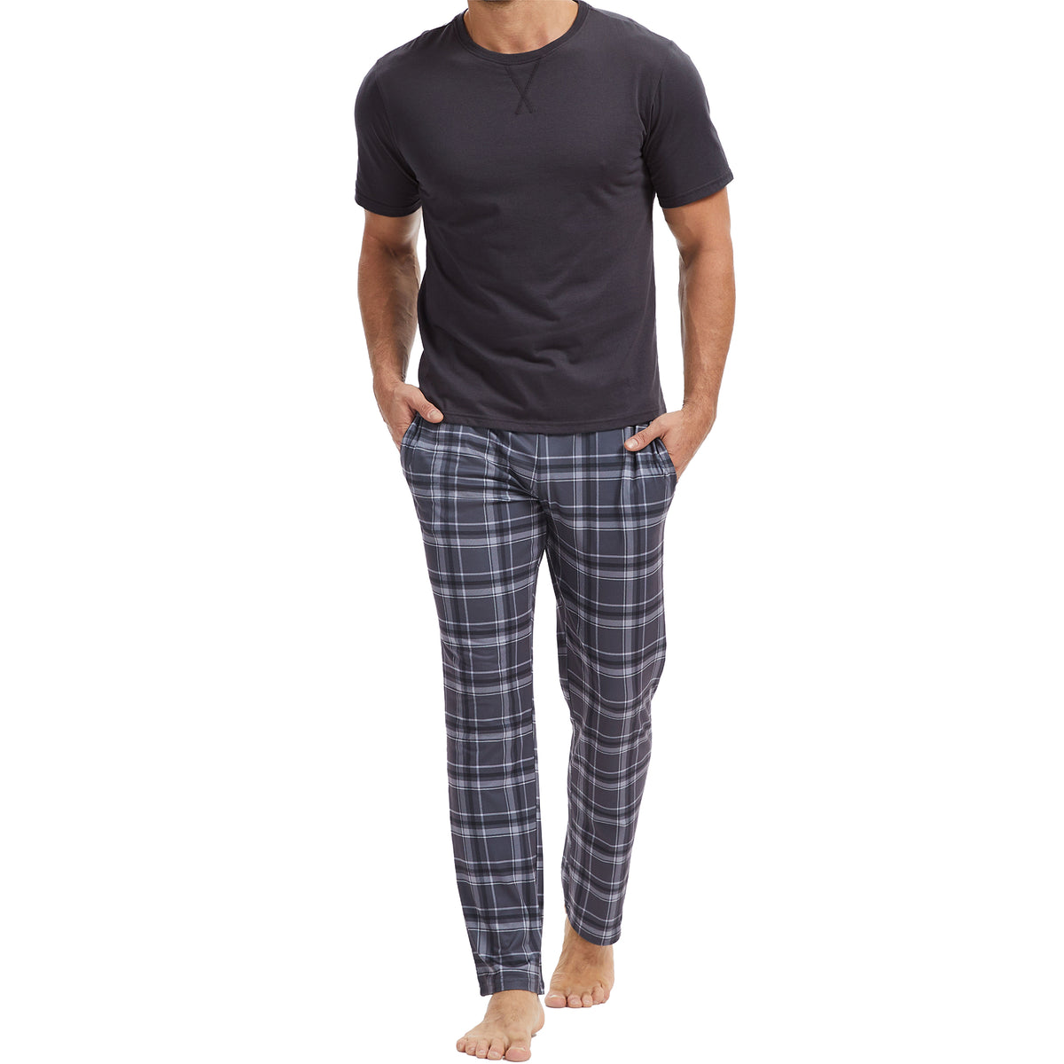 Mens Grey Checked Short Sleeve Long Pyjama Set 