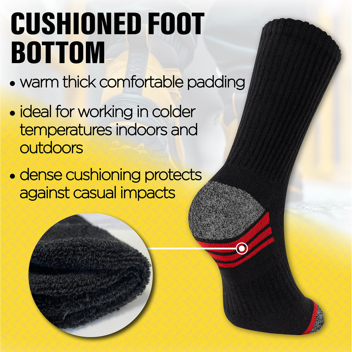 Mens 6 Pack Premium Cotton Blend Contrast Sole Black Work Socks 
