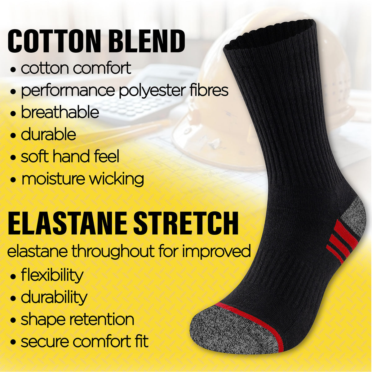 Mens 6 Pack Premium Cotton Blend Contrast Sole Black Work Socks 