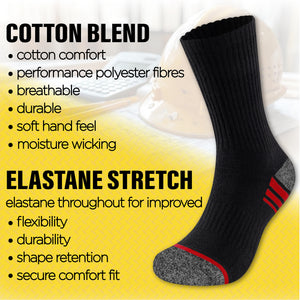 Mens 6 Pack Premium Cotton Blend Contrast Sole Black Work Socks 