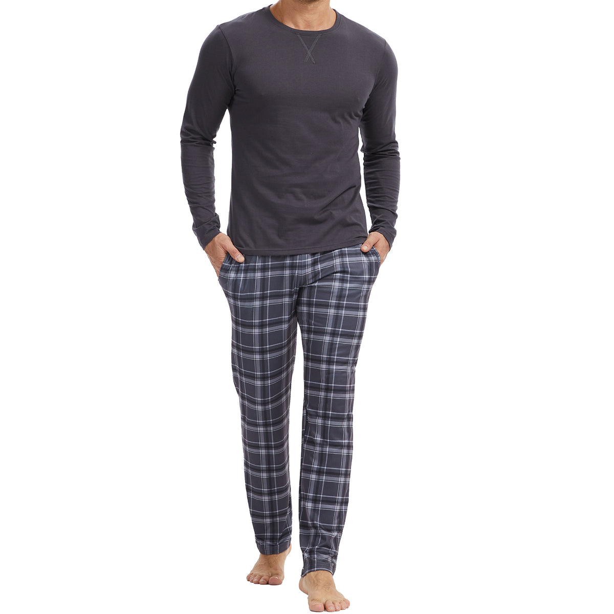 Mens Grey Checked Long Sleeve Pyjama Set 