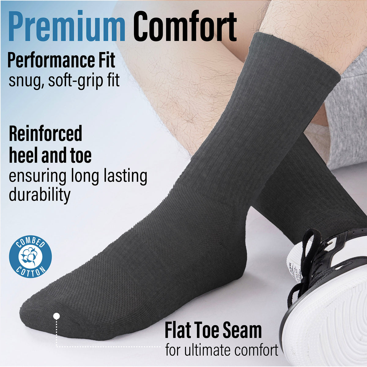 Mens 6 Pack Half Terry Sports Socks (Black)