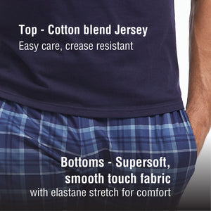 Mens Navy Checked Short Sleeve Long Pyjama Set 