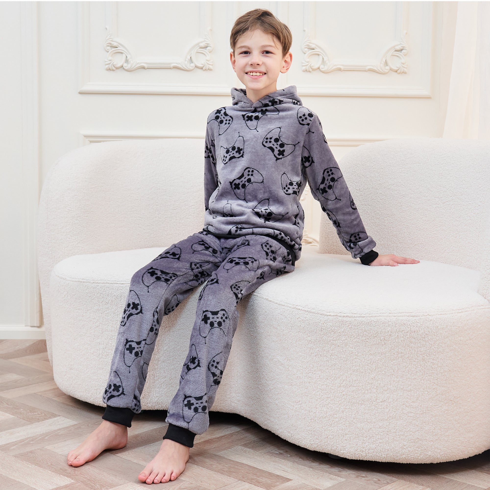 Boys Supersoft Cosy Thick Fleece Hooded Pyjamas Game Controller