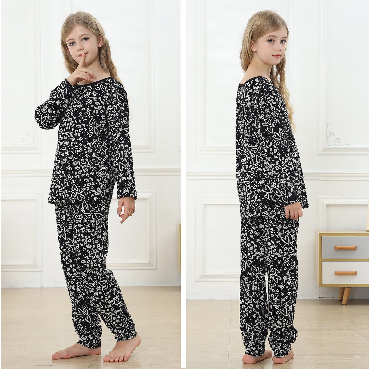 Girls Long Sleeve Monochrome Motifs Pyjamas