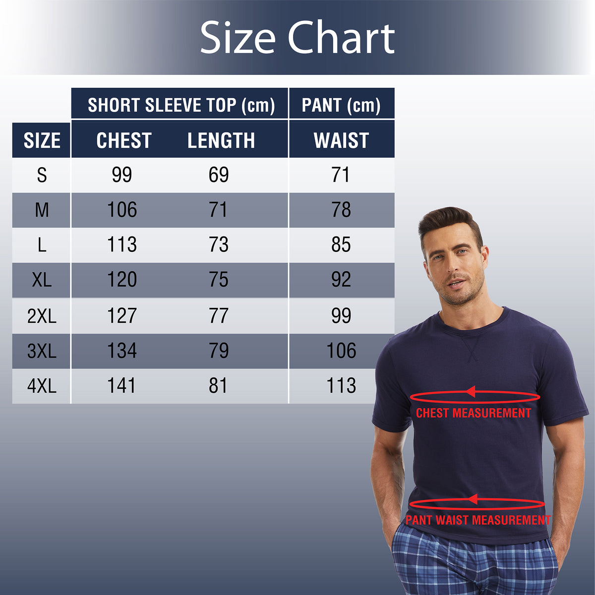 Mens Navy Checked Short Sleeve Long Pyjama Set 