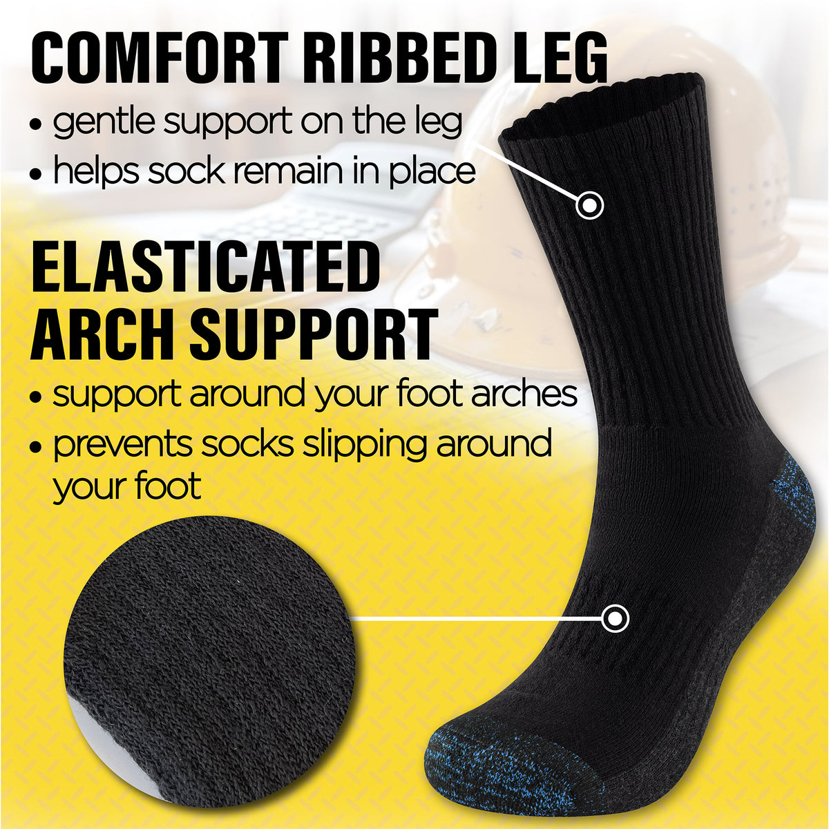 Mens 6 Pack Premium Work Socks (Black Contrast H&T}