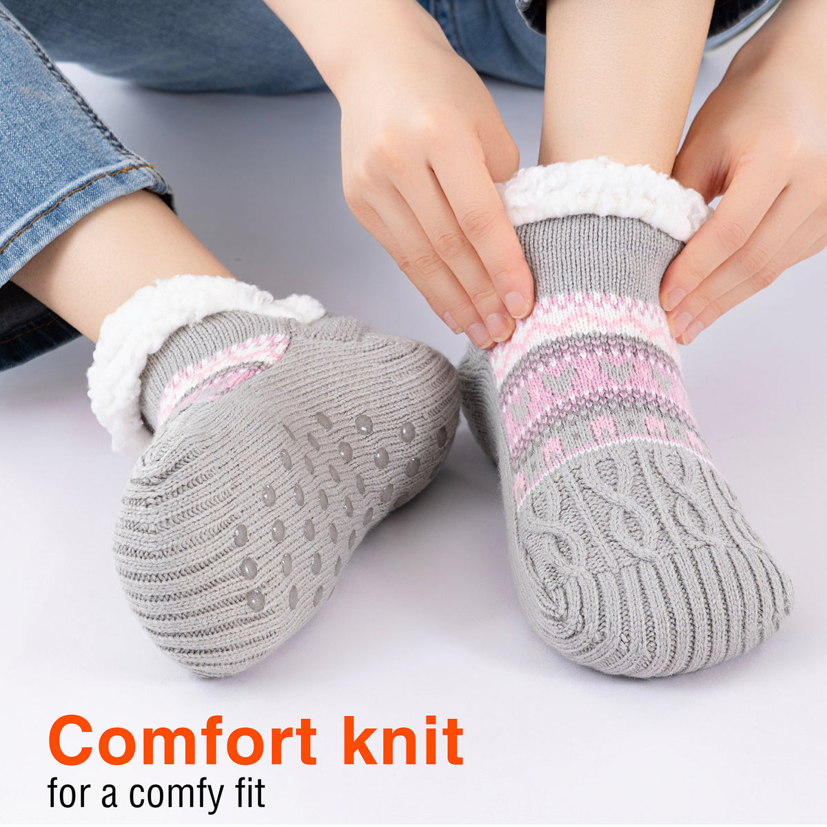 1PK Womens Sherpa Lined Slipper Socks Pink Grey Pattern