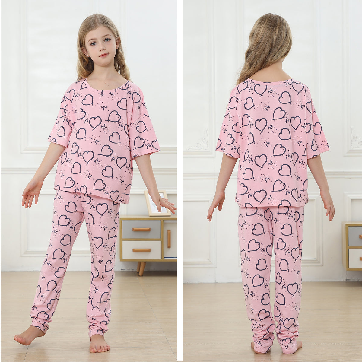 Girls Short Sleeve Splash Hearts Pyjamas