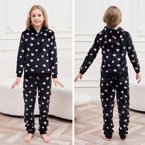 Girls Fleece Black/Pink Hearts Pyjamas