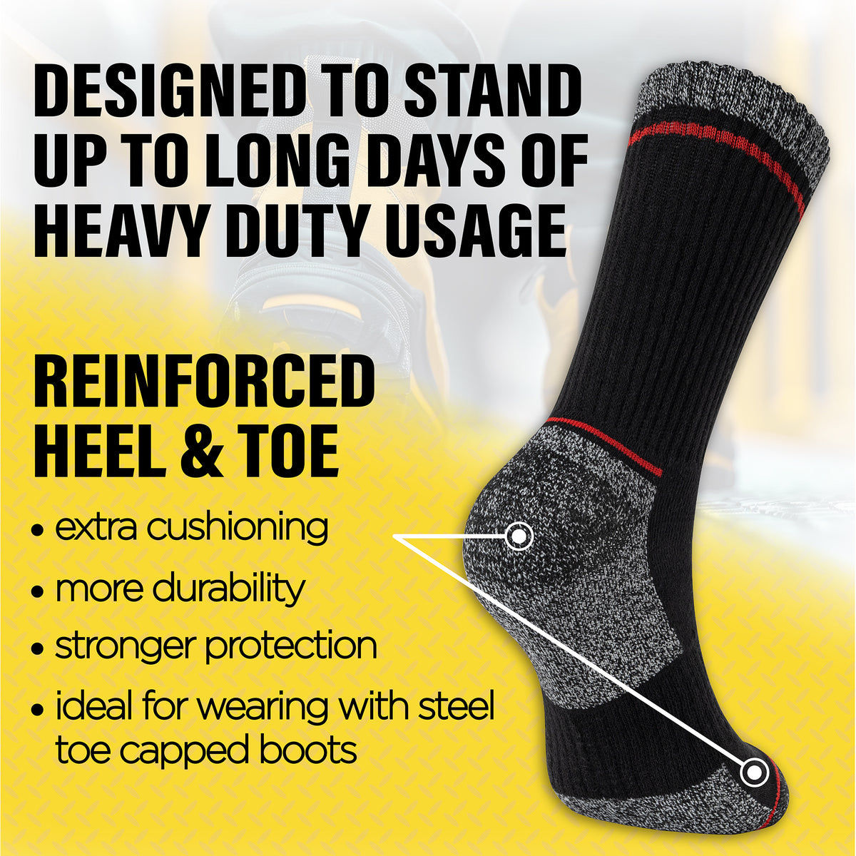 Mens 6 Pack Premium Cotton Blend Contrast Stripe Black Work Socks 