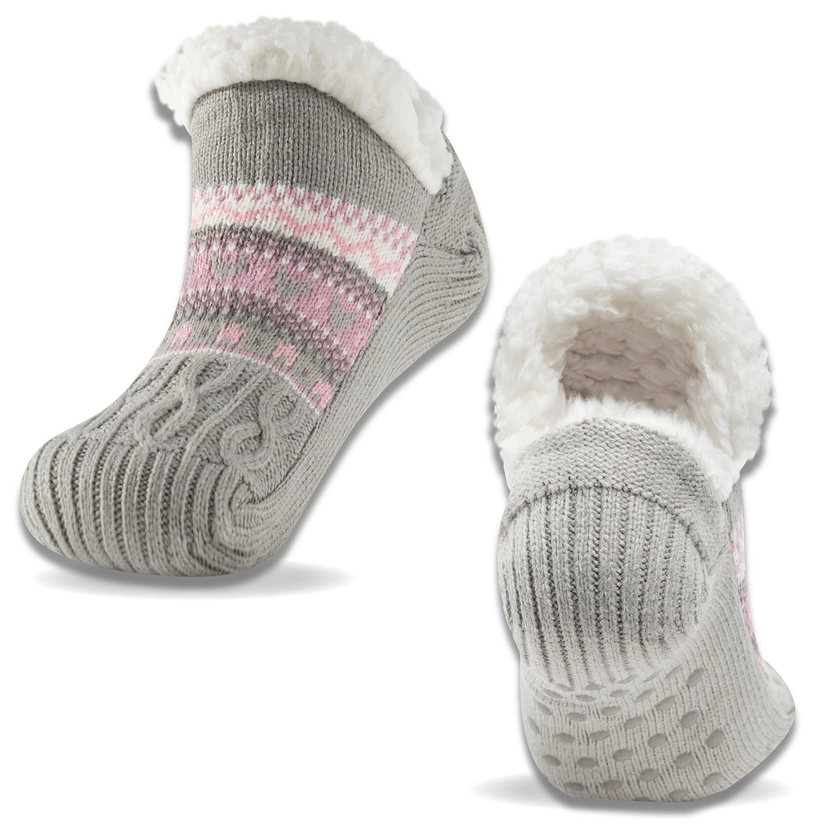 1PK Womens Sherpa Lined Slipper Socks Pink Grey Pattern