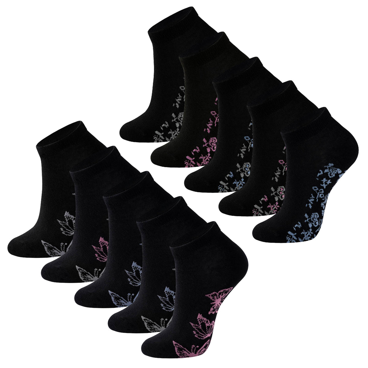 Womens 10 Pack Trainer Liner Socks (Butteryfly/Floral)