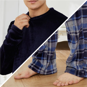 Mens Flannel Fleece Blue Checked Pyjama Set 