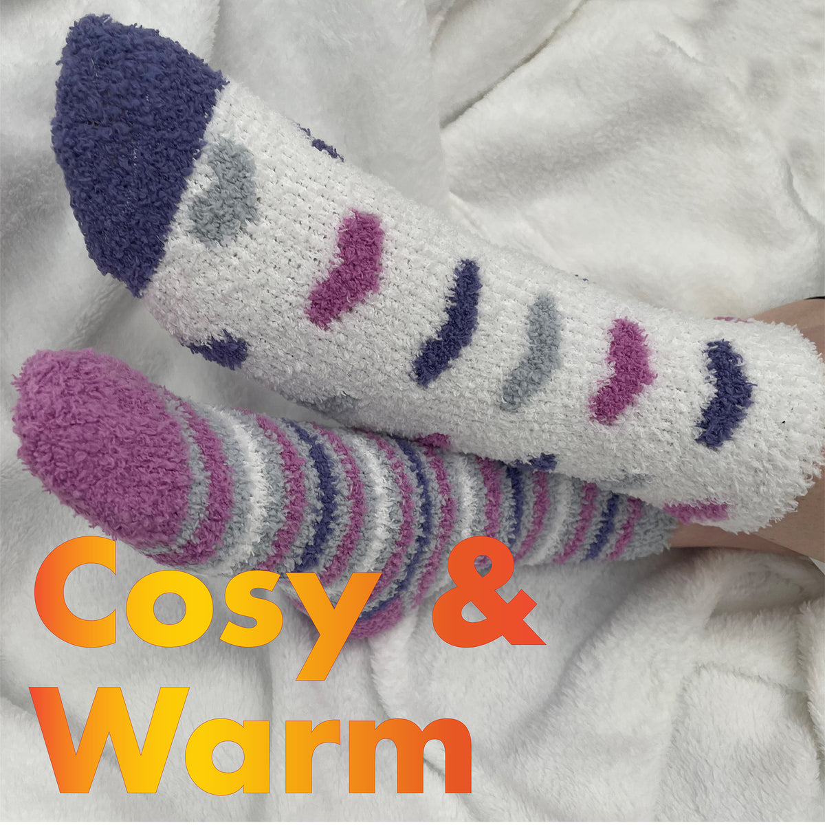 Ladies Hearts/Stripes Supersoft Fluffy Cosy Socks 2 Pack